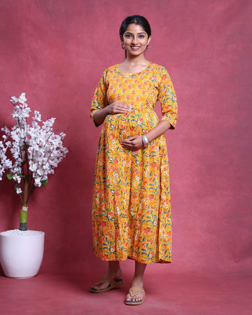 Women’s Floral Printed Maternity Wear With Feeding Zip - Yellow