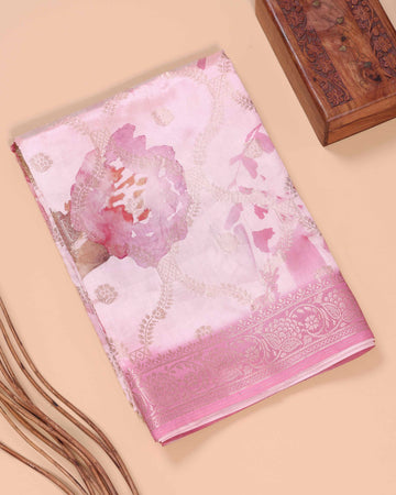 Floral Pattern Dola Silk Saree With Woven Border - Pink