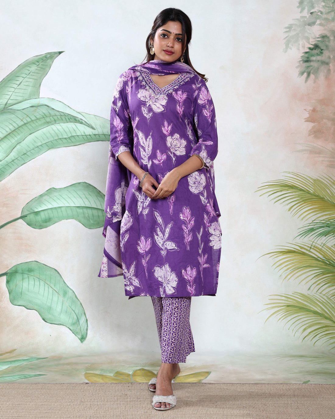 Elegant Floral Printed Women’s Readymade Salwar Suit Set with Straight Kurta Patterned Pants and Matching Dupatta, Violet Full View