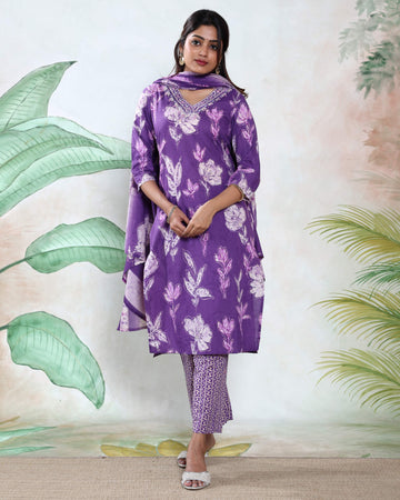 Elegant Floral Printed Women’s Readymade Salwar Suit Set with Straight Kurta Patterned Pants and Matching Dupatta - Purple