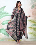 Women’s Floral Printed Readymade Salwar Suit Set with A-Line Kurta Matching Bottom and Designer Dupatta, Black