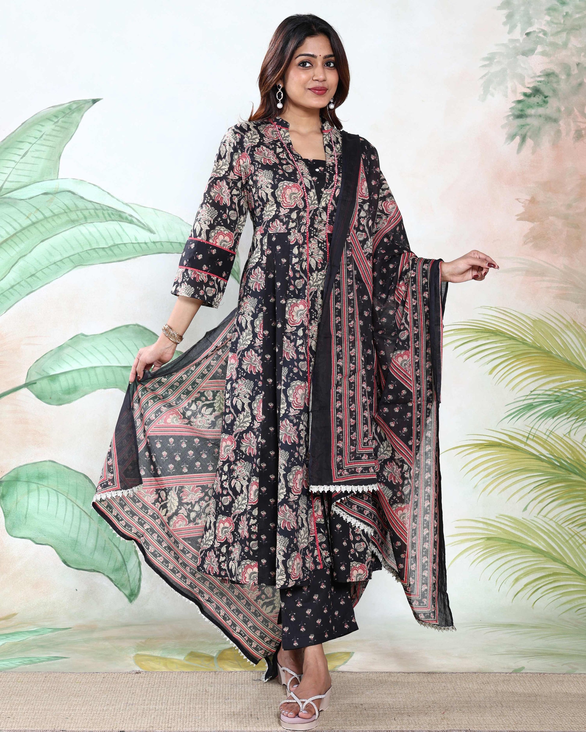 Women’s Floral Printed Readymade Salwar Suit Set with A-Line Kurta Matching Bottom and Designer Dupatta, Black