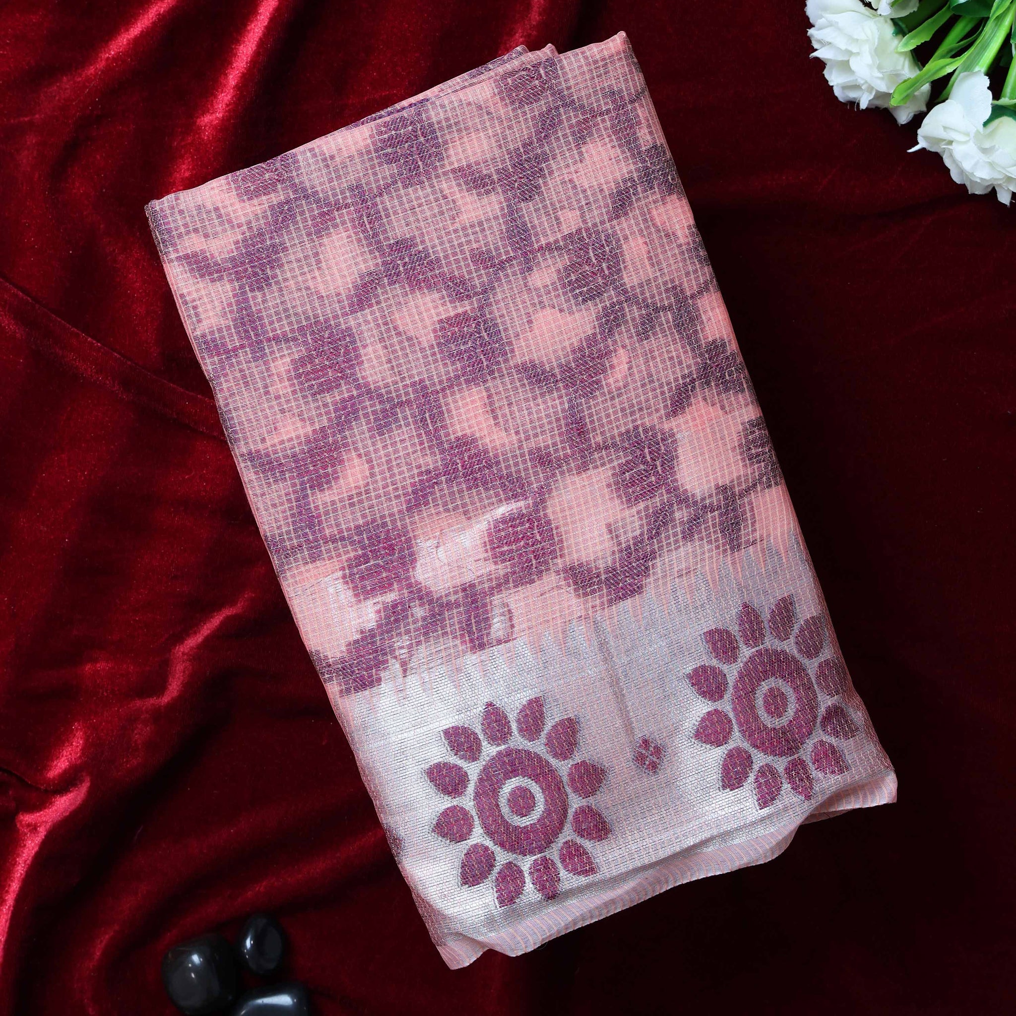 Elegance in Floral Print Semi Silk Saree - Peach