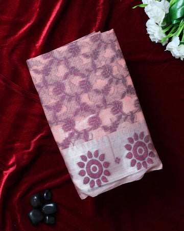 Elegance in Floral Print Semi Silk Saree - Peach