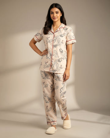 Women's Paisley Print Short Sleeve Night Wear - Cream