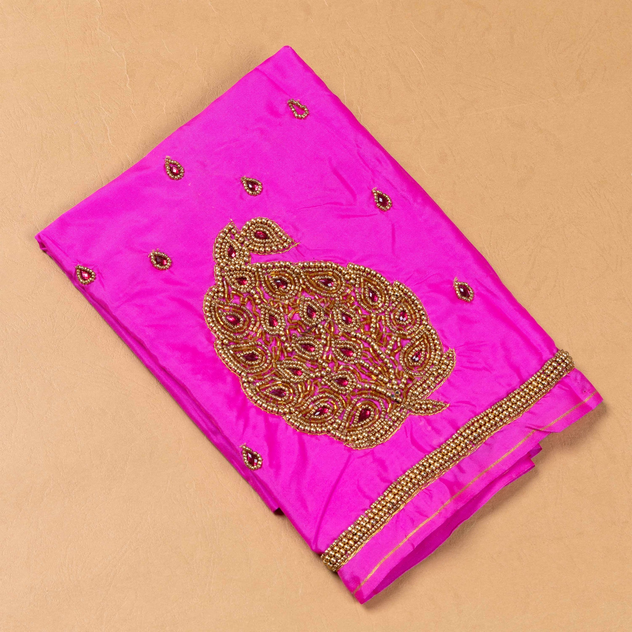 Embroidered Unstitched Blouse Material with Aari Work Peacock Design - Pink