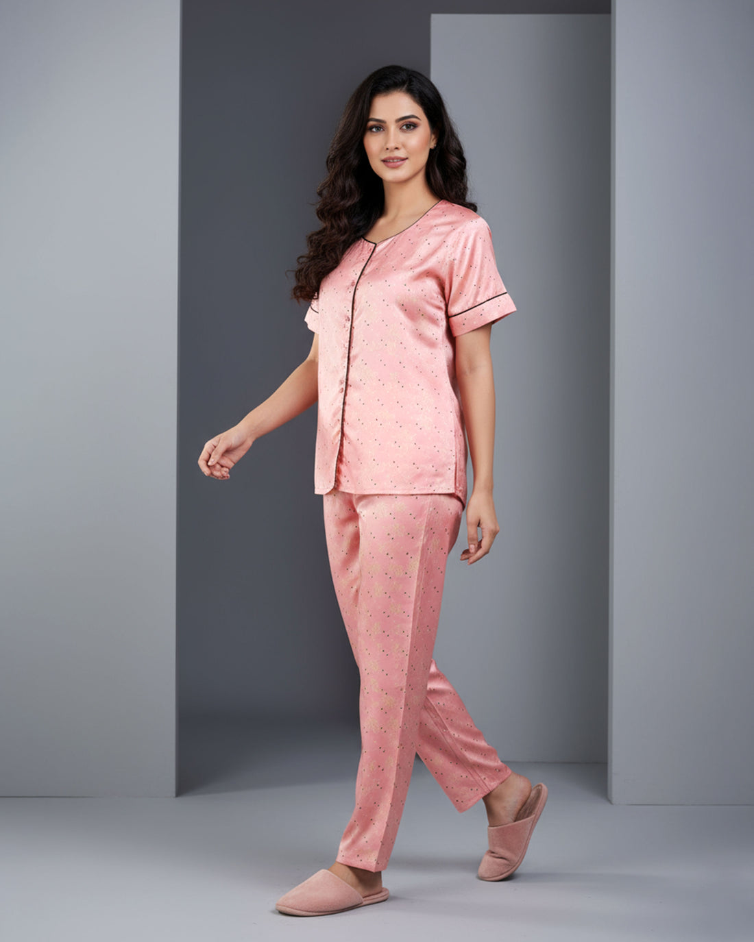 Women's Soft & Comfortable Subtle Print Nightwear Set -Peach