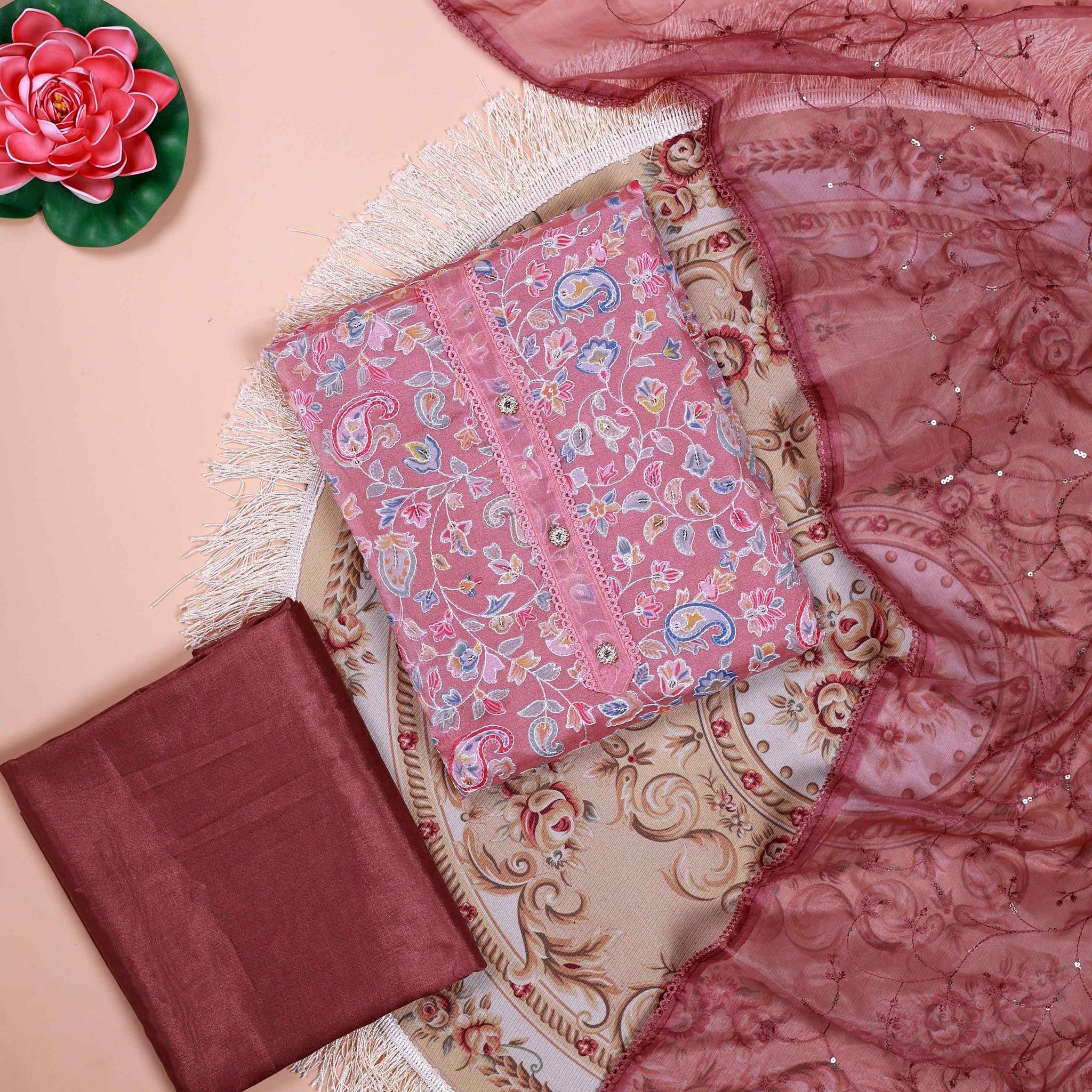 Women's Floral Embroidered Salwar Suit Material with Beaded Neckline and Net Dupatta - Onion Pink