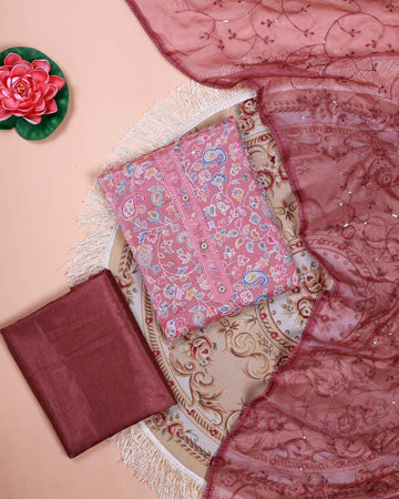 Women's Floral Embroidered Salwar Suit Material with Beaded Neckline and Net Dupatta - Onion Pink