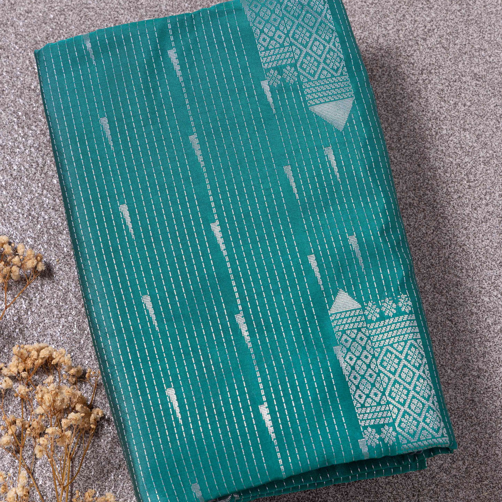 Ethnic Striped Design Semi Silk Saree - Green