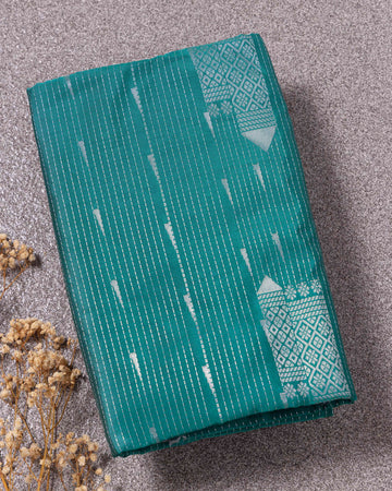Ethnic Striped Design Semi Silk Saree - Green