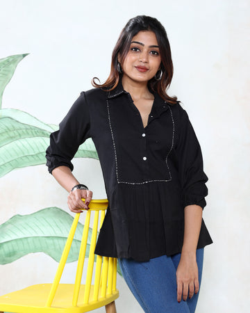 Women’s Stylish Solid Kurti Top with Shirt Collar Button Front and Pleated Waist Design - Black