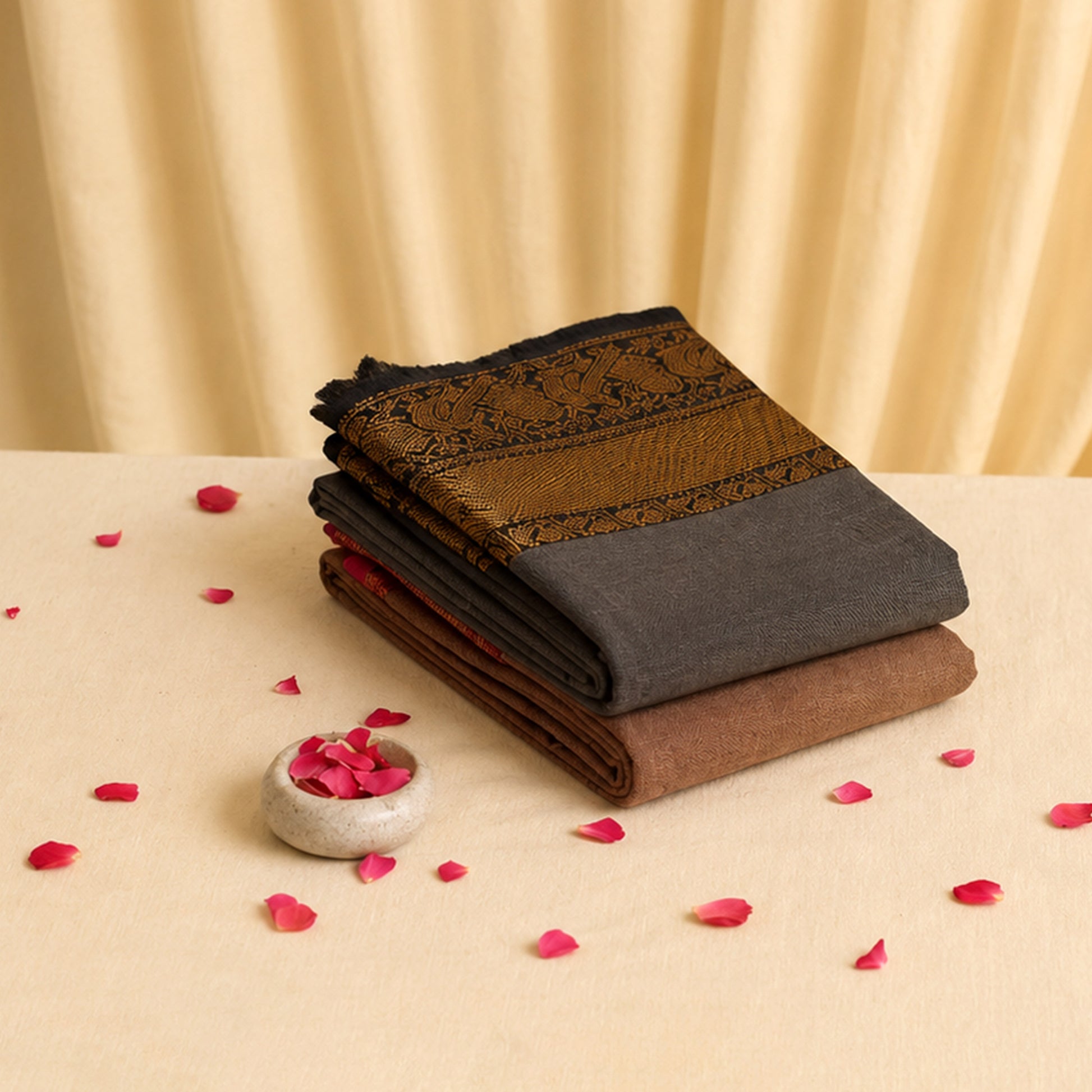 Kanchi cotton saree with ornate black and gold woven border folded stack in grey and brown tones closeup display
