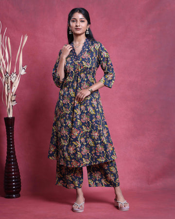 Elegant Women’s Floral Printed Kurta Set with V-Neck Kurta and Coordinated Wide Leg Pants - Navy Blue