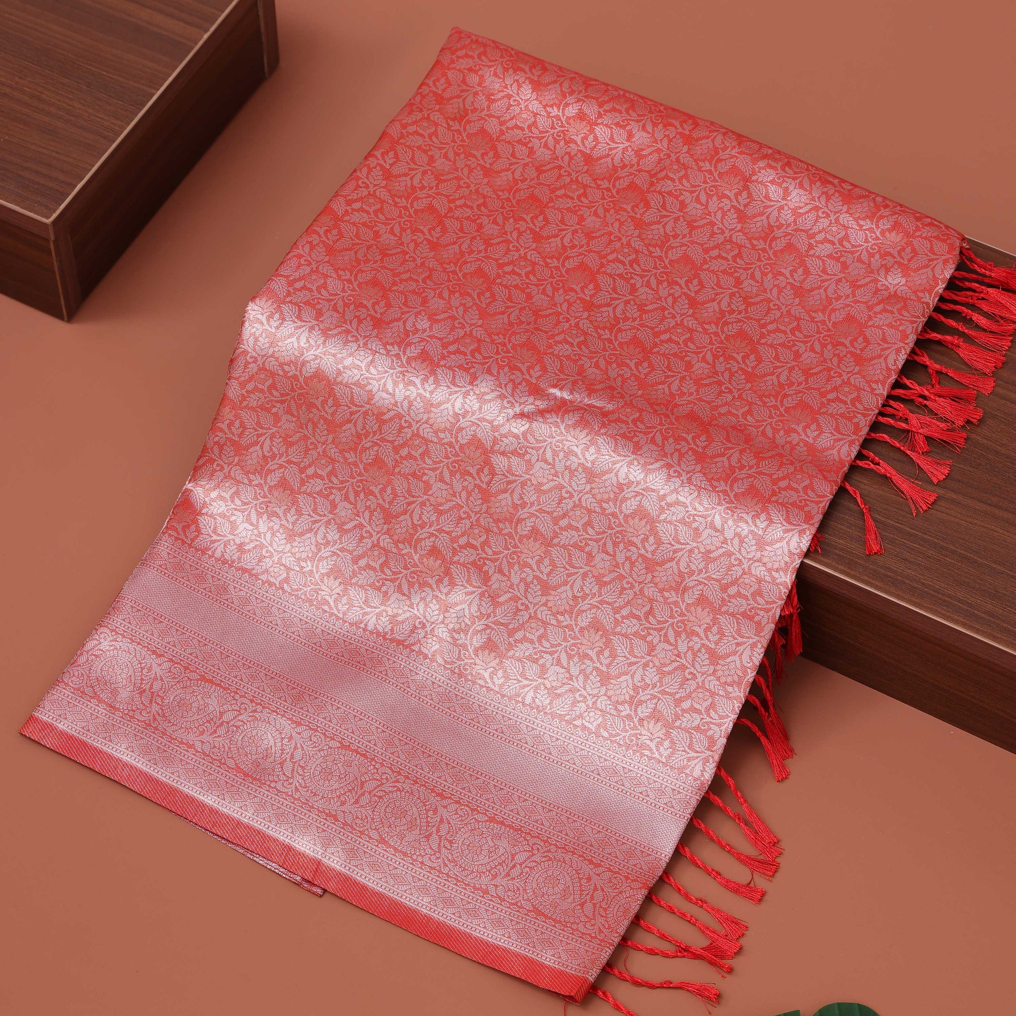 Ethnic Solid Tissue Saree - Red