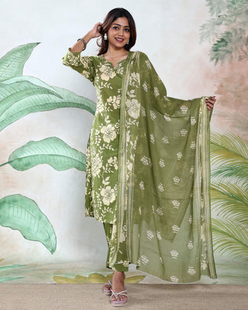 Women’s Floral Printed Readymade Salwar Suit Set with Straight Kurta Comfortable Bottom and Elegant Printed Dupatta - Green