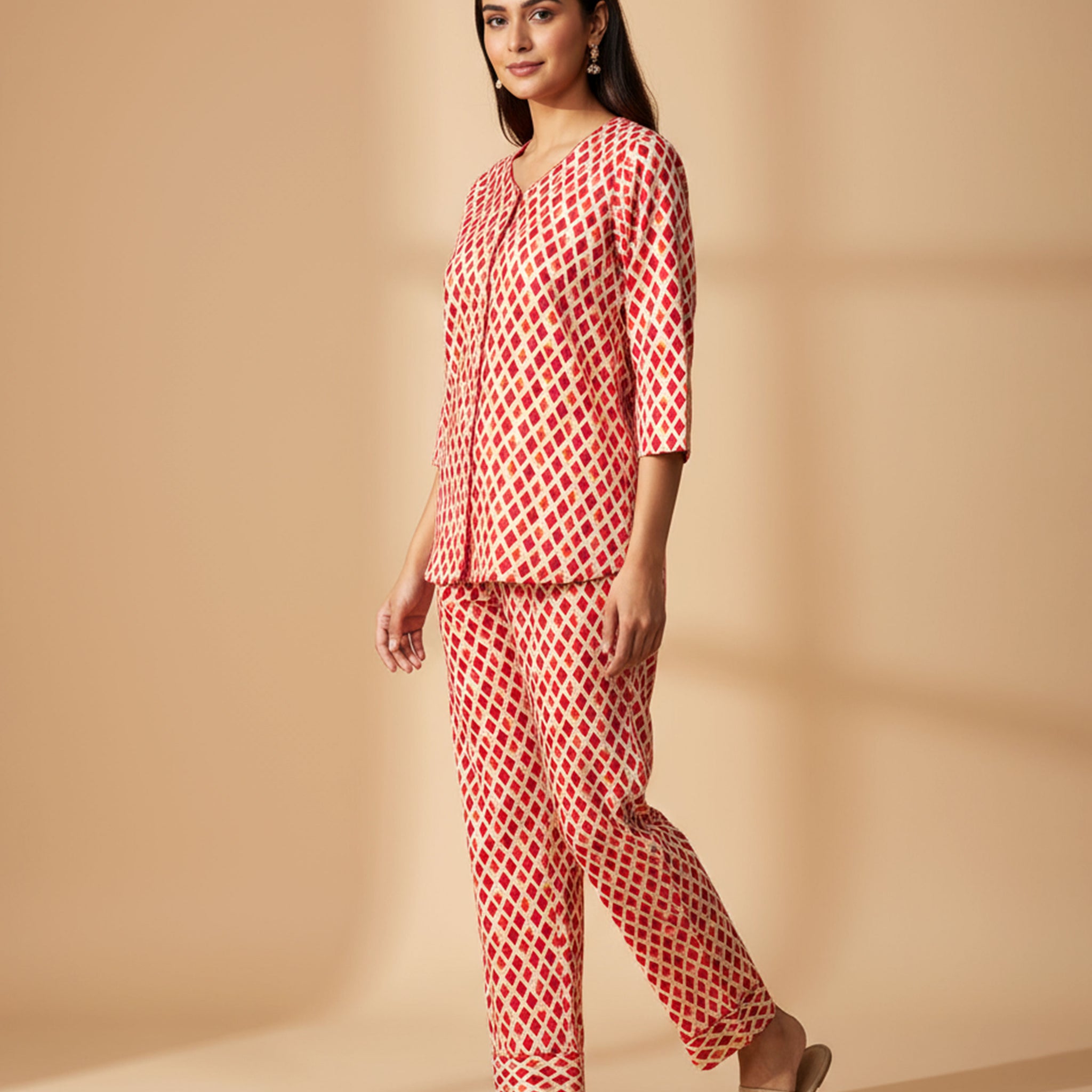 Women's Geometric Print Long Sleeve Night Wear -Multi