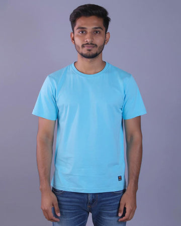 Nativebull Men's Solid Round Neck Half Sleeve Cotton T-Shirt - Blue
