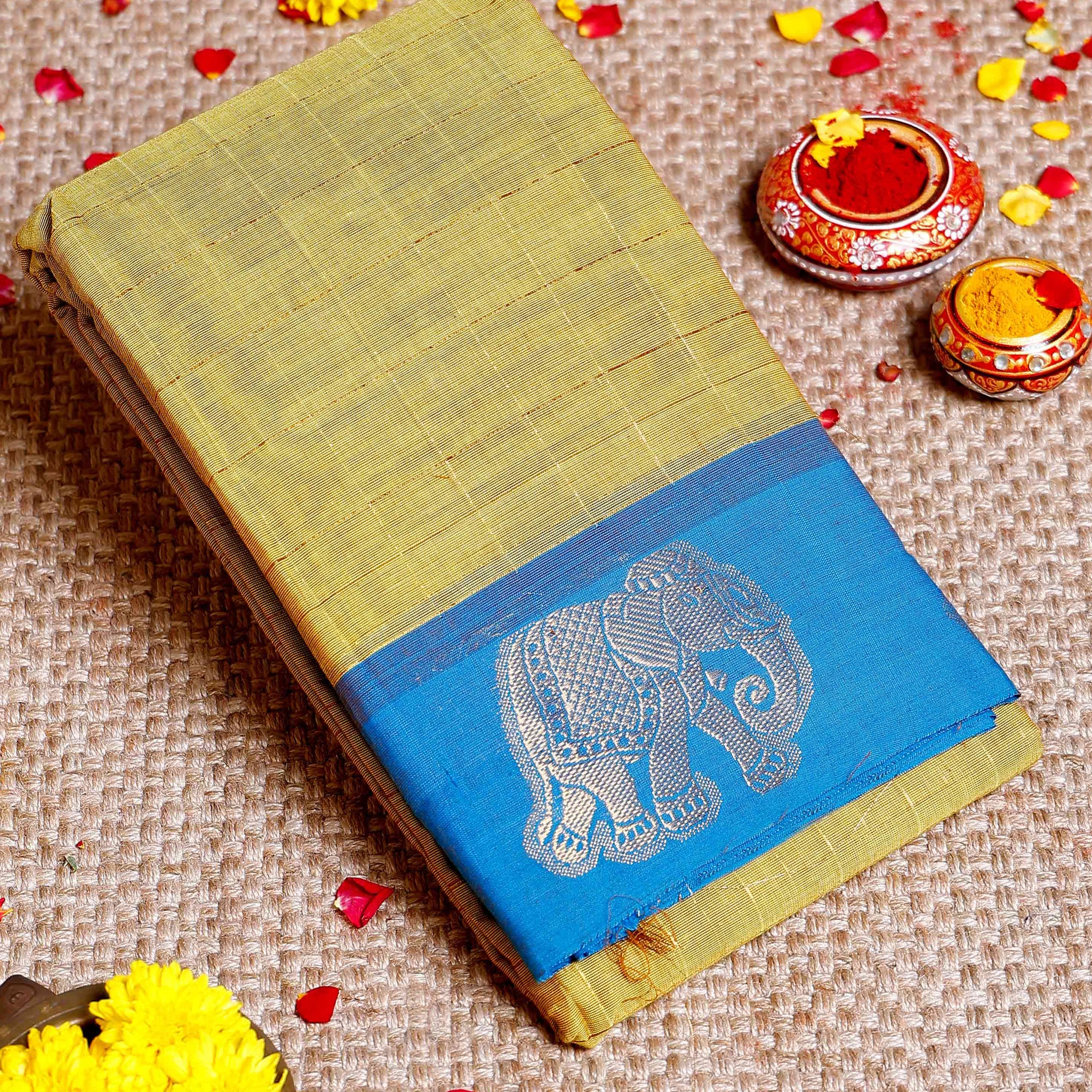 Traditional Chettinad Cotton Saree with Elephant Motif Border and Checkered Body - Olive Green