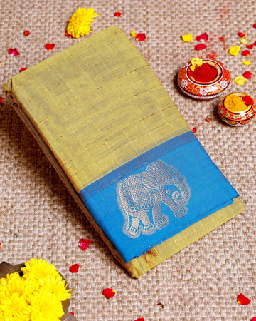 Traditional Chettinad Cotton Saree with Elephant Motif Border and Checkered Body - Olive Green
