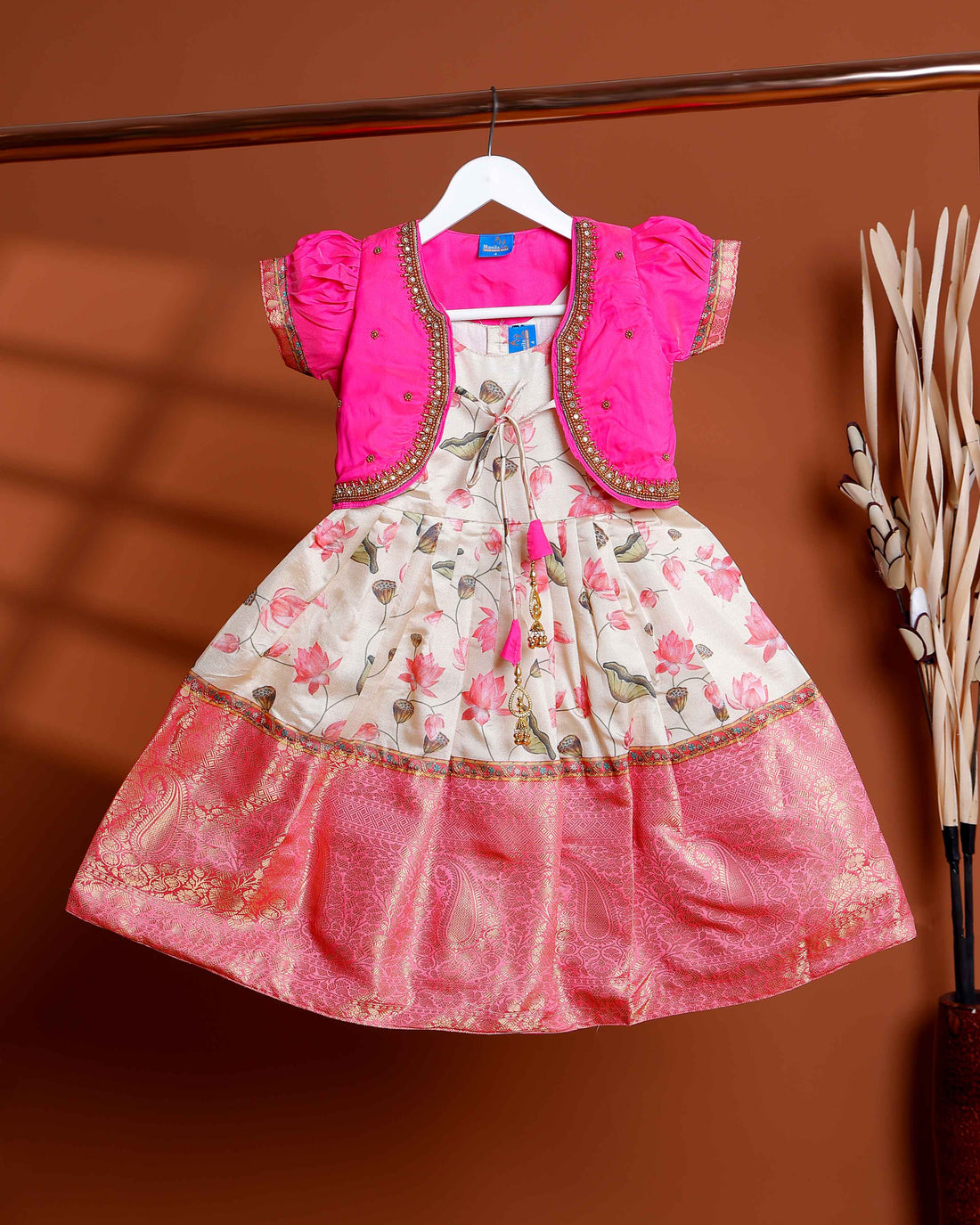 Traditional Kids Readymade Pattu Pavadai with Embellished Jacket - Pink & Cream