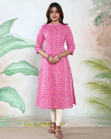 Women’s Ethnic Printed A-Line Kurta with Mandarin Collar 3/4th Sleeves Button-Front Detailing and Traditional Motif Design - Pink