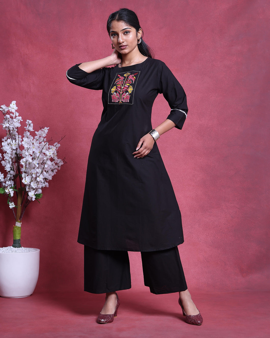 Women’s Elegant Straight Kurta Set with Intricate Embroidered Yoke 3/4th Sleeves and Comfortable Coordinated Pants