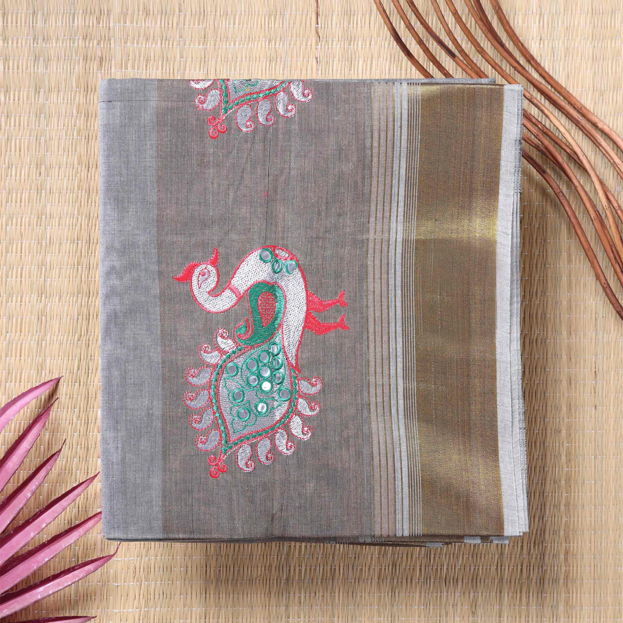 Grey Color Peacock Design Handloom Saree