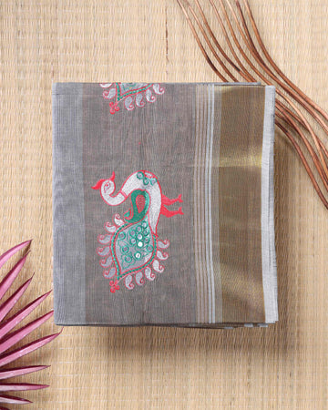 Grey Color Peacock Design Handloom Saree