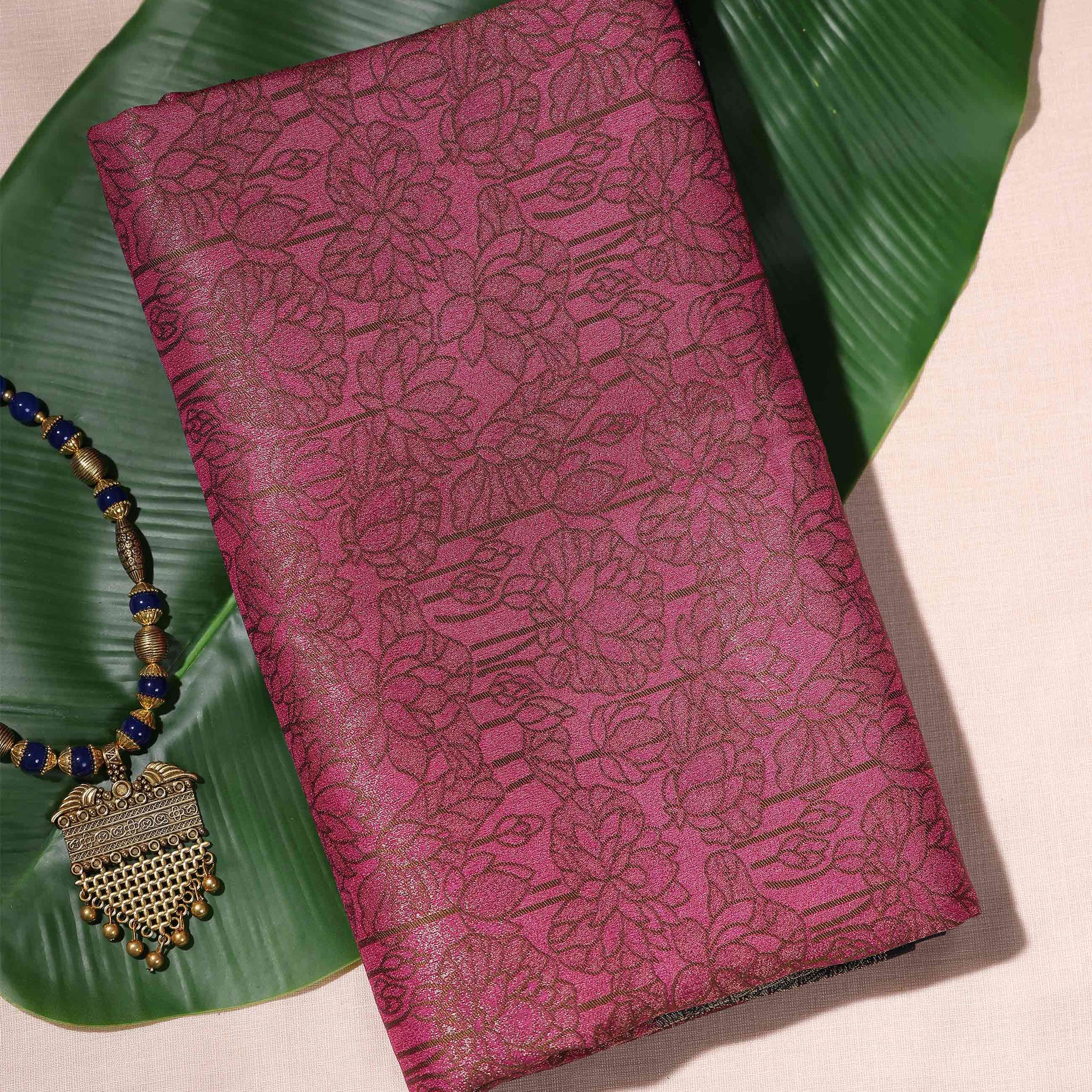 Dark Pink Floral Printed Art Silk Saree