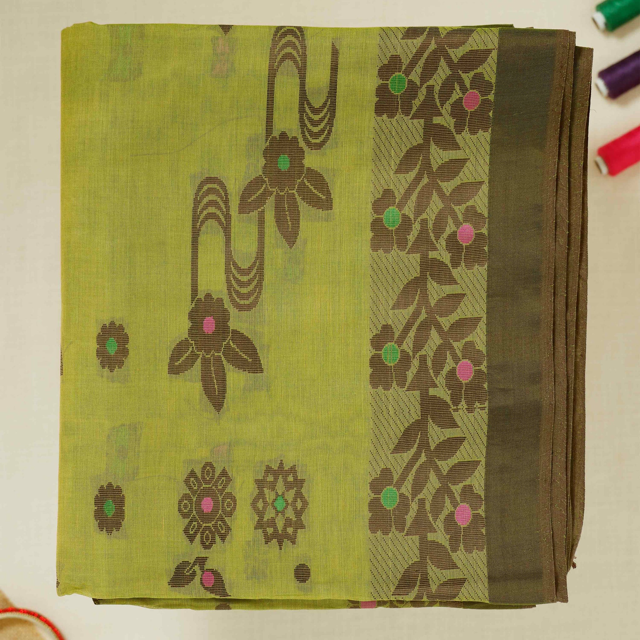 Green Floral Printed Bengal Cotton Saree