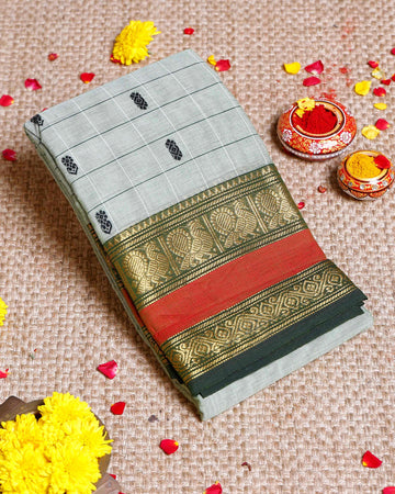 Traditional Chettinad Cotton Saree with Traditional Butta Weave and Zari Border - Light Green