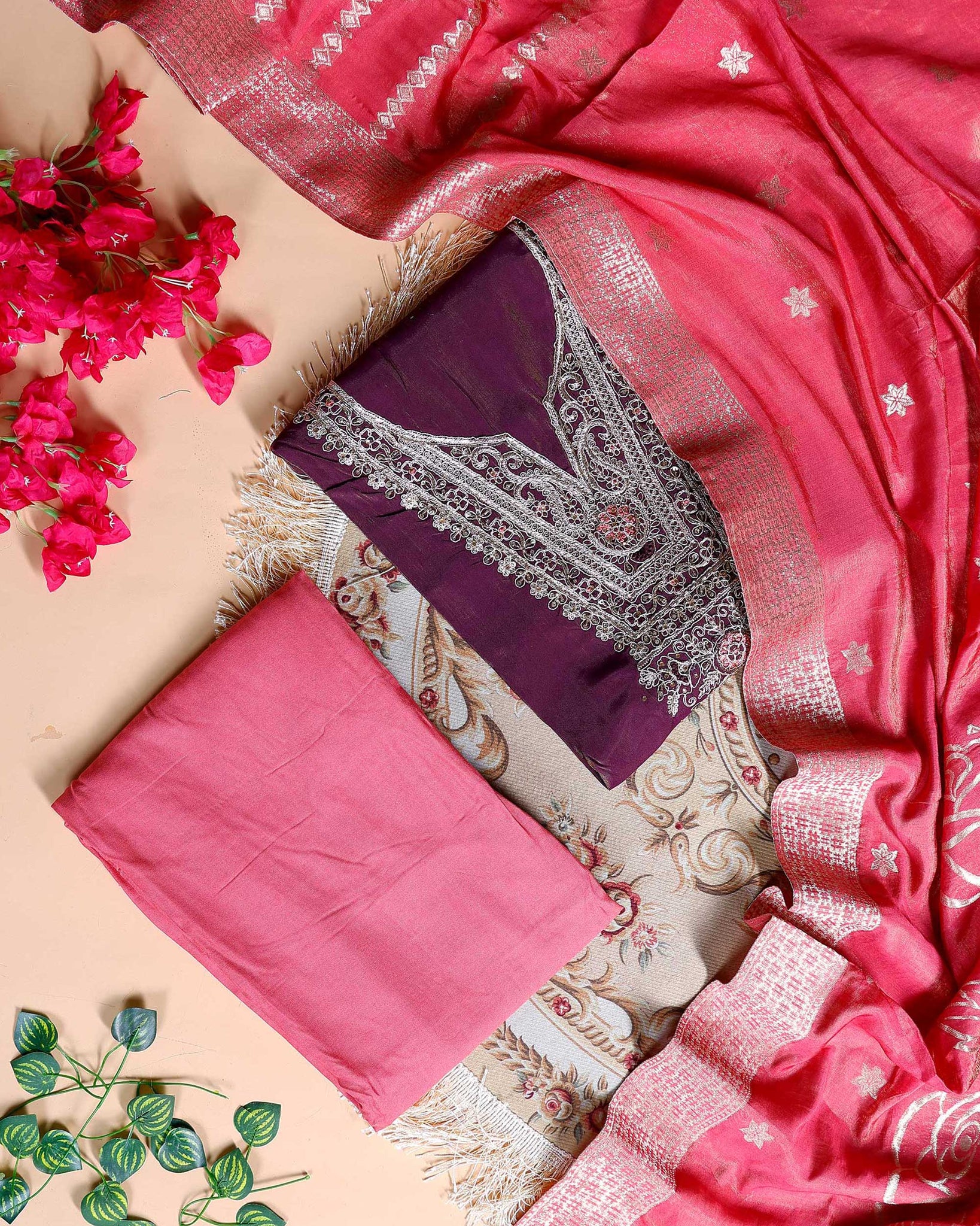 Women's Embroidered Ethnic Unstitched Salwar Suit Fabric Material with Dupatta Set - Purple