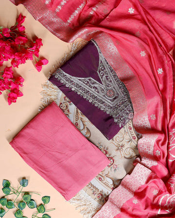 Women's Embroidered Ethnic Unstitched Salwar Suit Fabric Material with Dupatta Set - Purple