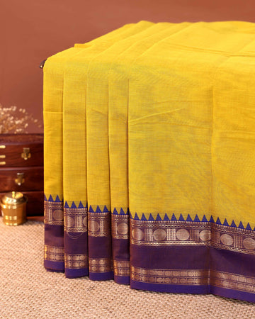 Traditional Handloom Chettinad Cotton Saree with Plain Body and Contrast Zari Woven Temple Rettapet Border - Yellow