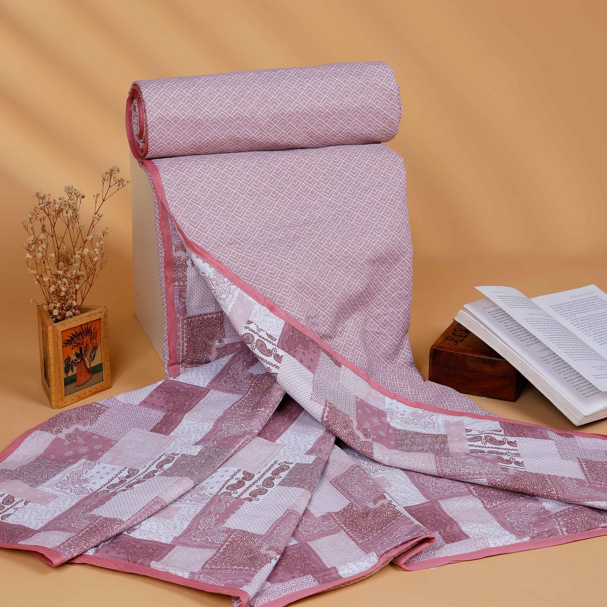 Elegant Patchwork Printed Cotton  Double  Quilt with Intricate Paisley and Geometric Motifs - Pink