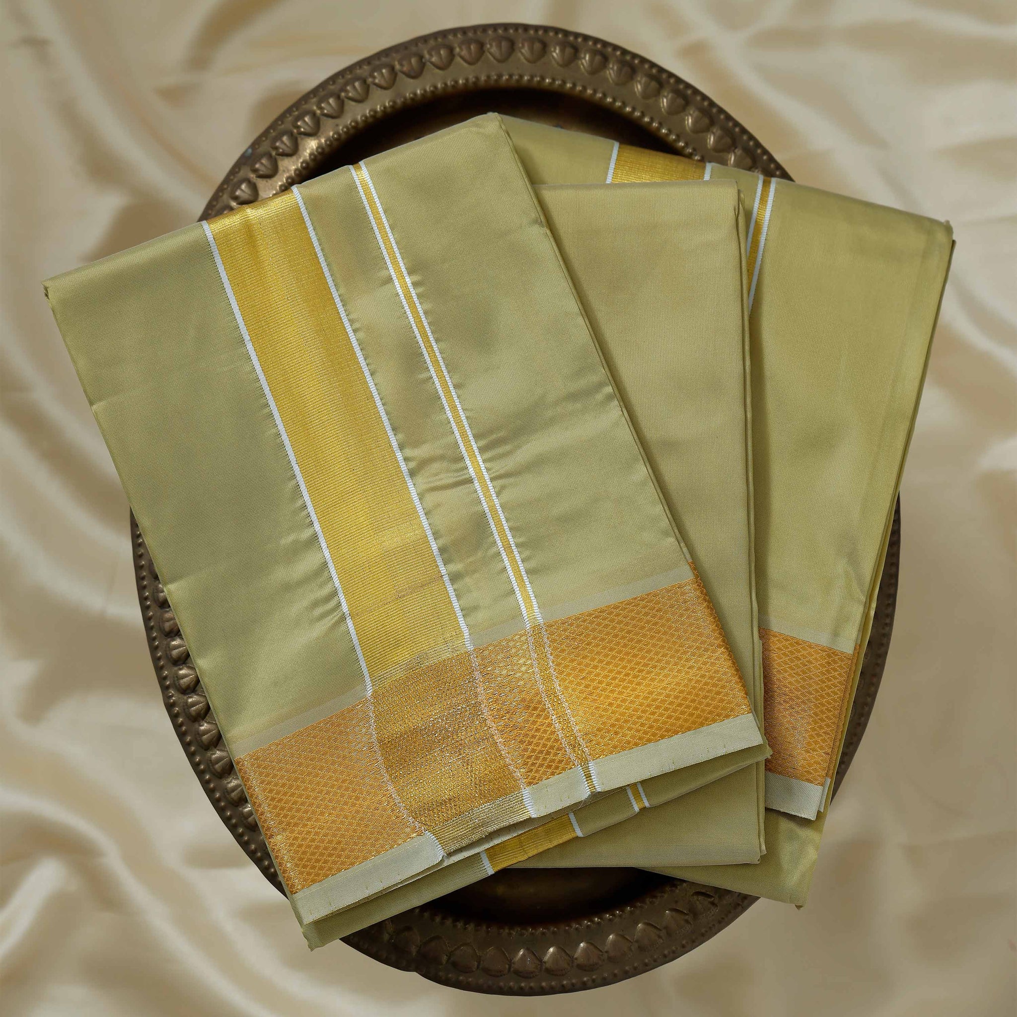 Gold Color Silk Dhoti With 2.40 Meter Shirt Bit & Towle