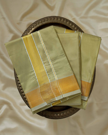 Gold Color Silk Dhoti With 2.40 Meter Shirt Bit & Towle