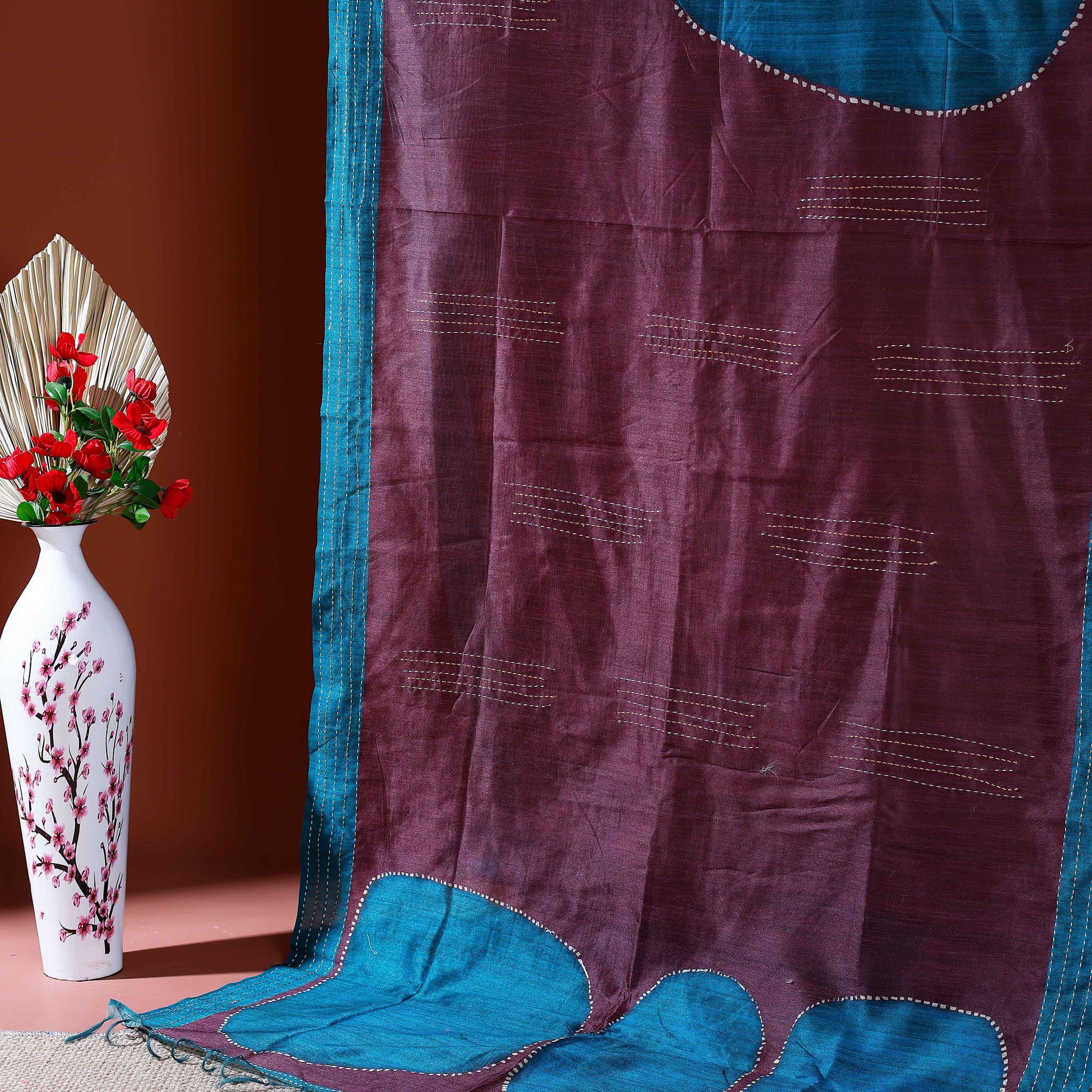 Handcrafted Kantha Cotton Saree with Contrast Patch Design and Intricate Stitch Embroidery - Purple