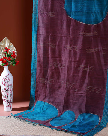 Handcrafted Kantha Cotton Saree with Contrast Patch Design and Intricate Stitch Embroidery - Purple