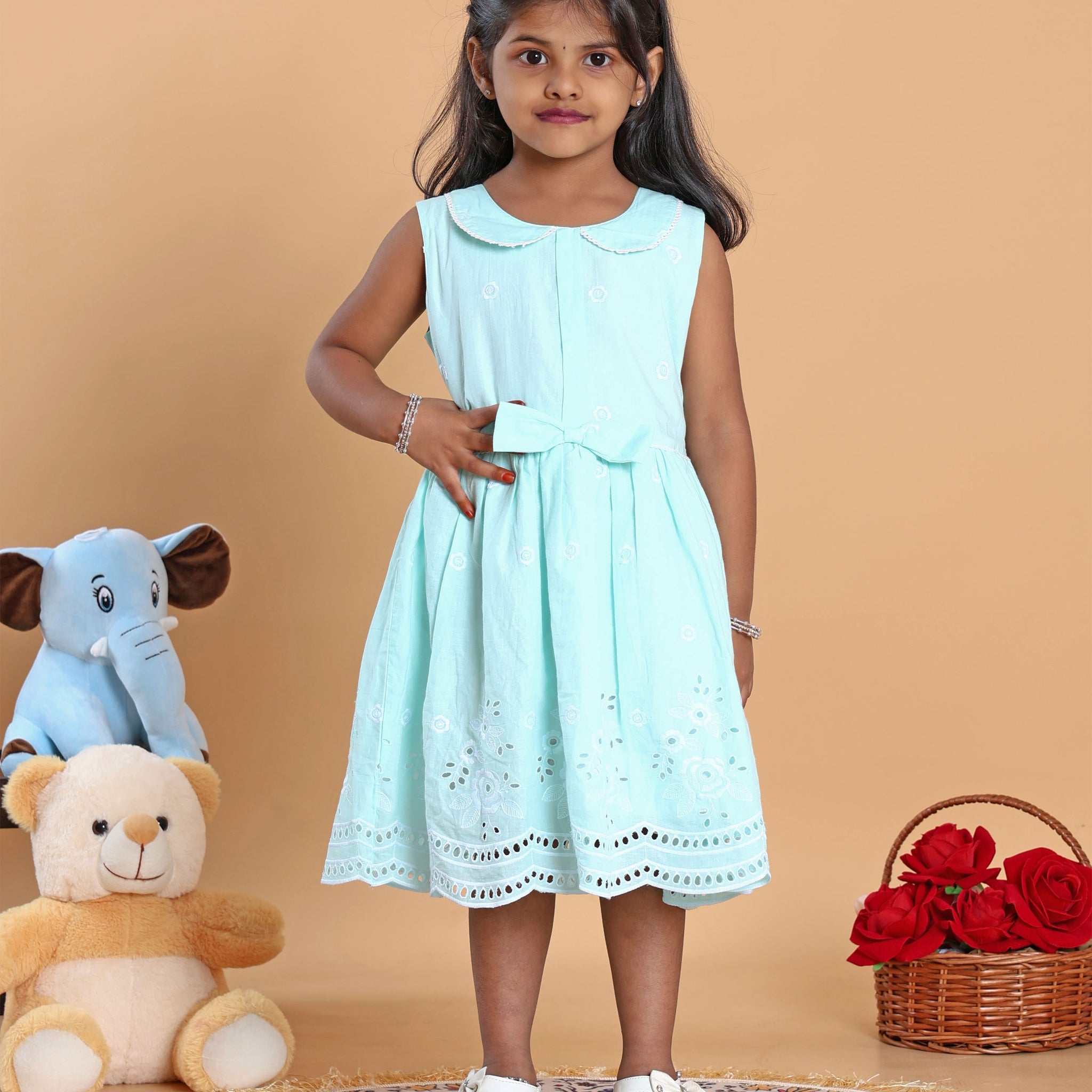Elegant Embroidered Sleeveless Kids Frock with Peter Pan Collar and Bow Waist Design - Blue