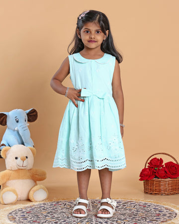 Elegant Embroidered Sleeveless Kids Frock with Peter Pan Collar and Bow Waist Design - Blue