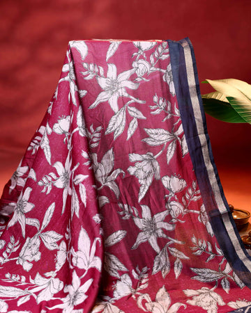 Elegant Semi Chanderi Saree with Exclusive Floral Motifs and Zari Border - Maroon