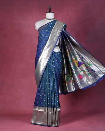 Elegant Paithani Silk Saree with Intricate Floral Motif Border and Delicate Butti Weave - Navy Blue
