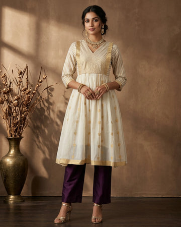 Women’s A-Line Kurta with Golden Peacock Motif & Striped Yoke Embroidery - Cream