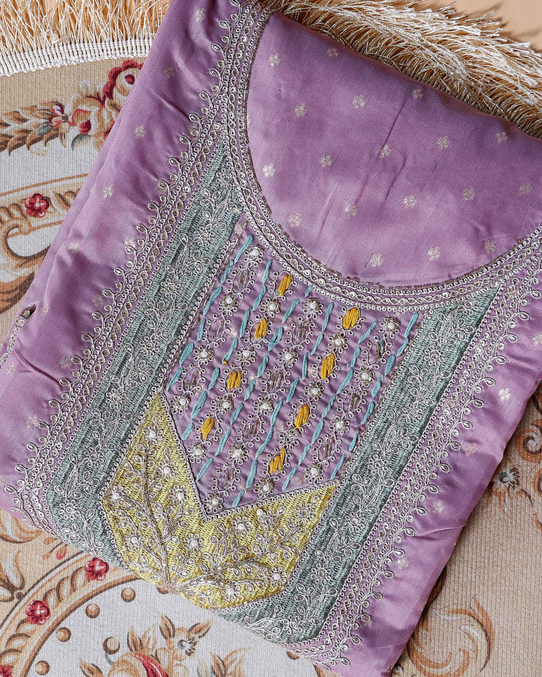 Women's Embroidered Floral Motif Salwar Suit Material with Dupatta - Lavender