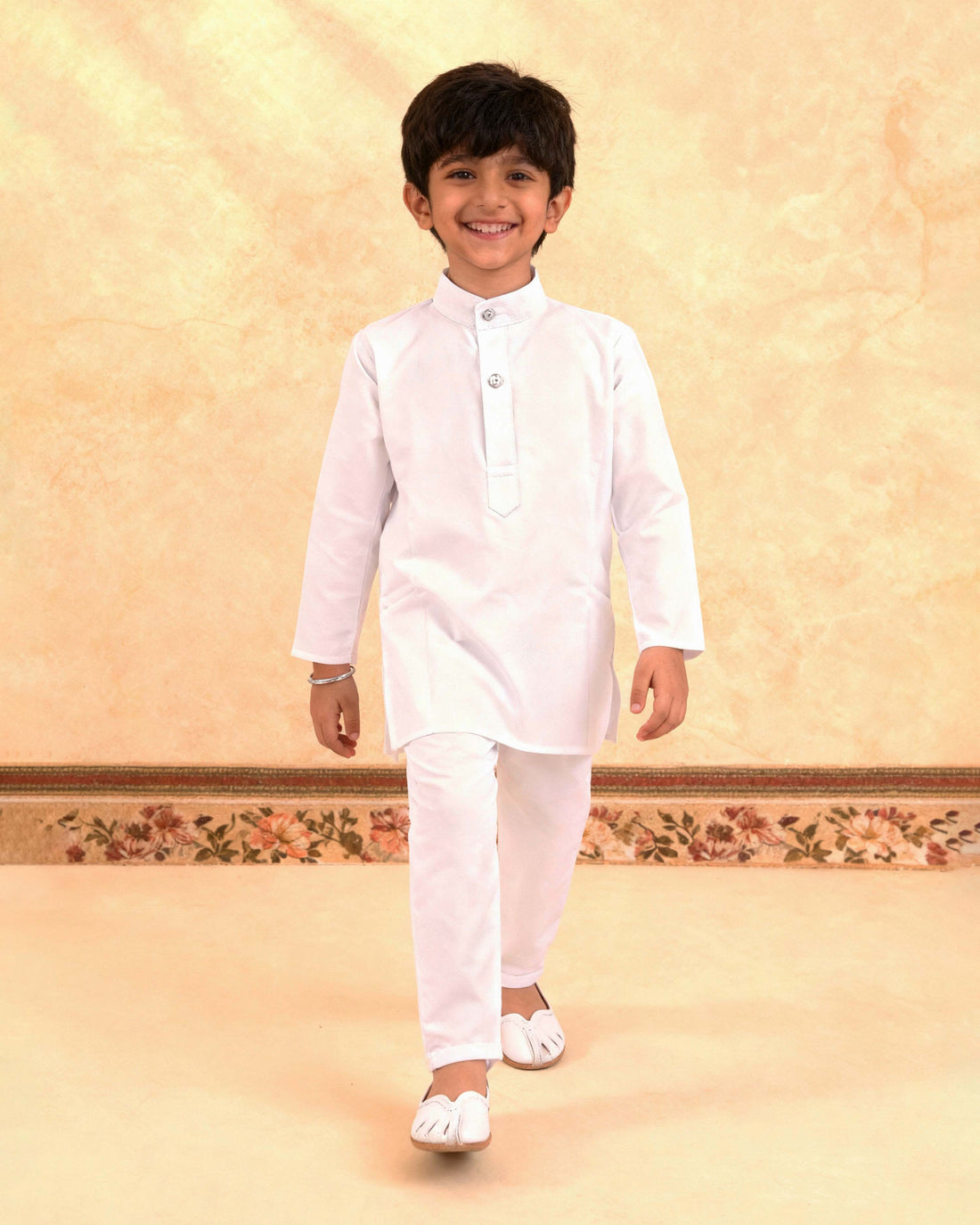 Boys Festive Kurta Set with Mandarin Collar -White