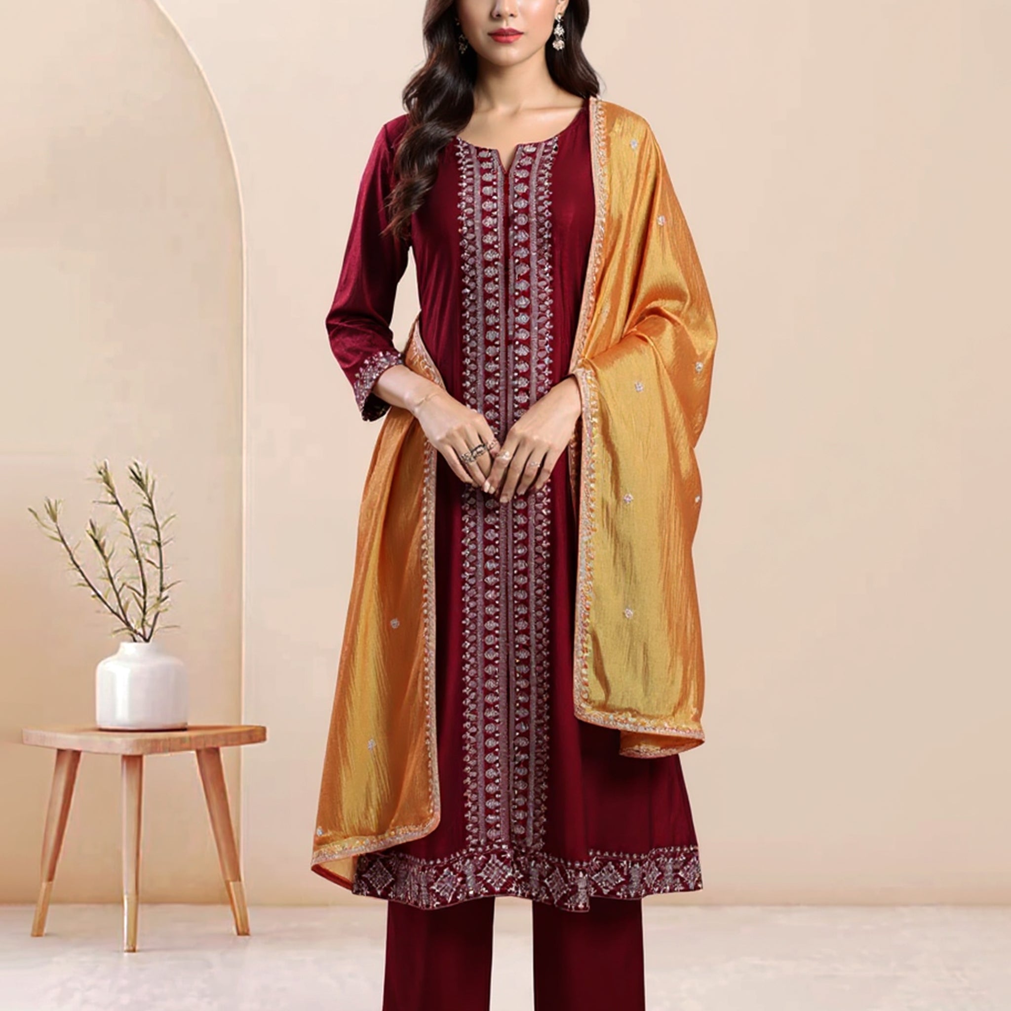 Elegant Readymade Salwar Suit with Intricate Detailing and Matching Dupatta - Maroon