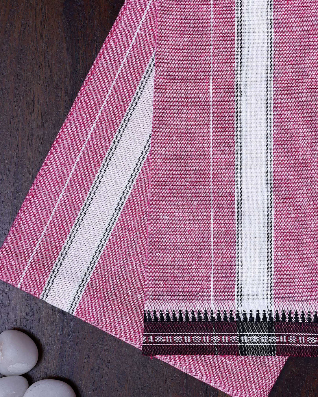 Men's Handloom Cotton Dhoti with Striped Pattern and Maroon Border - Pink