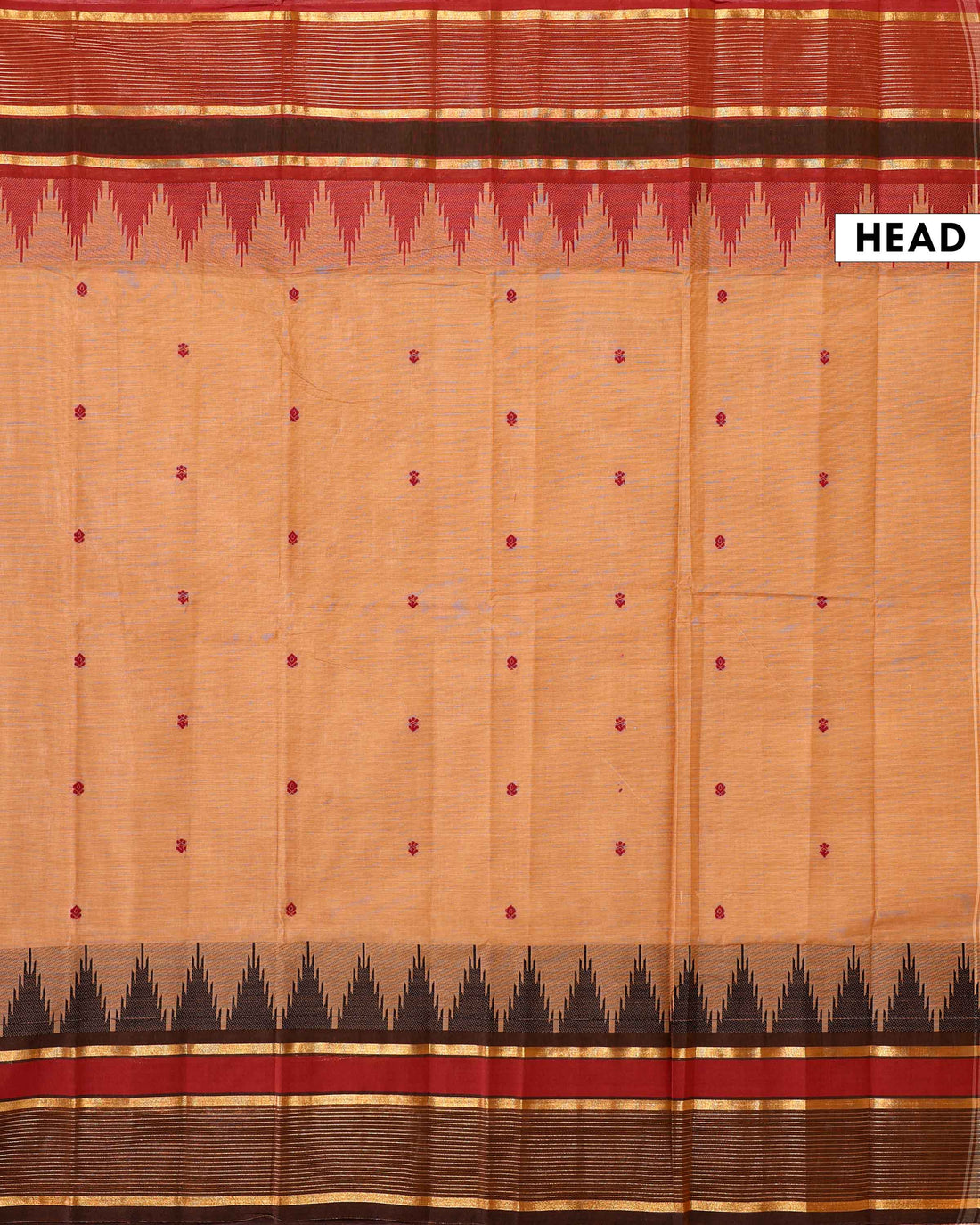 Traditional Handloom Chettinad Cotton Saree with Allover Butti and Contrast Zari Woven Temple Rettapet Border - Beige